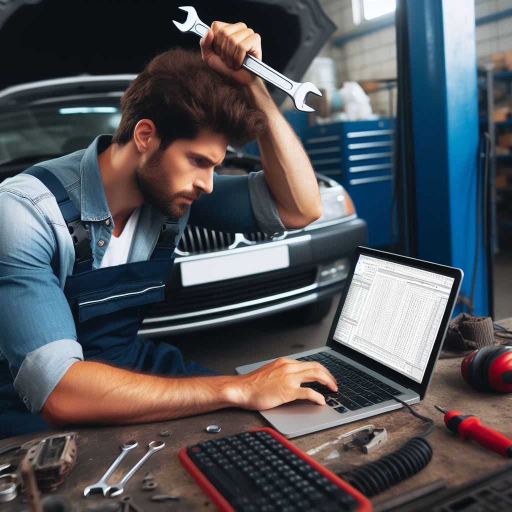 A mechanic working at a PC in his shop.