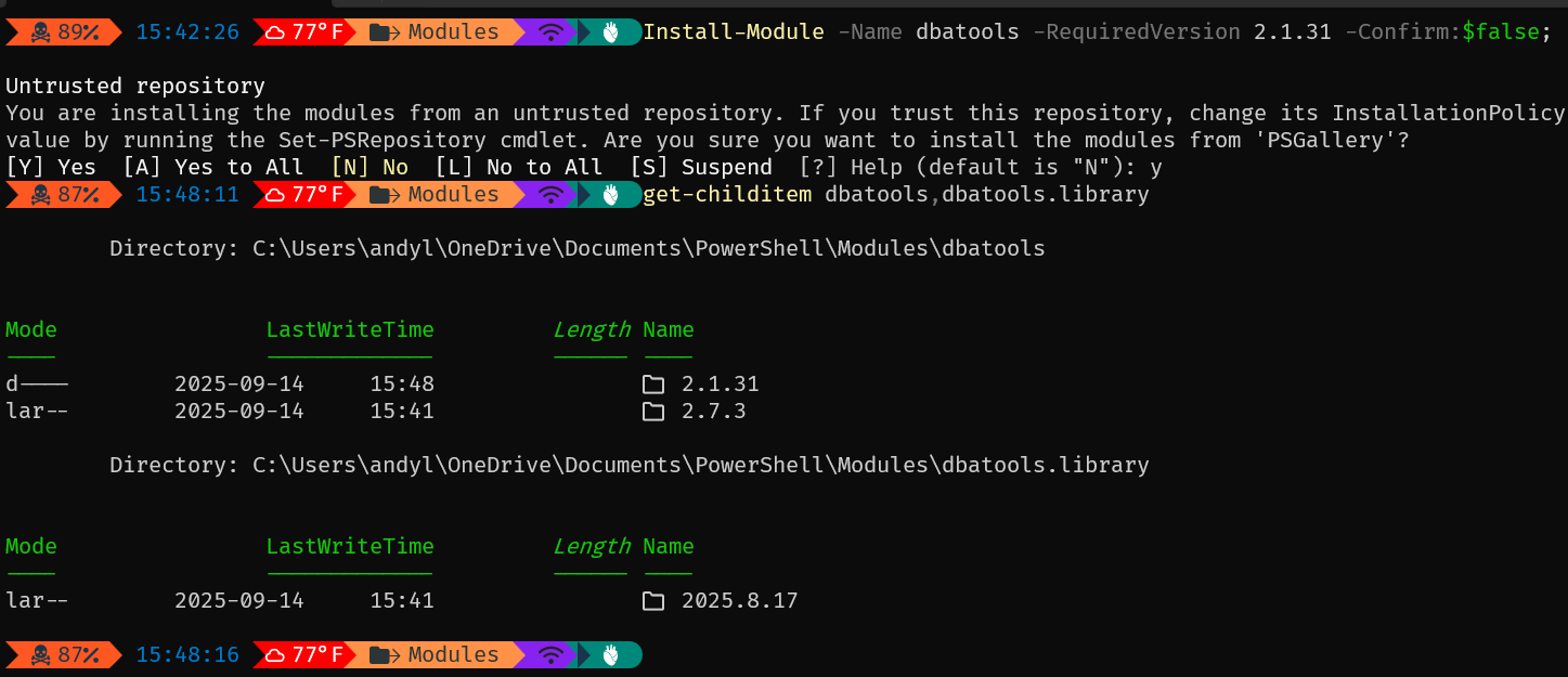 Screenshot of PowerShell installing a specific version of a module with Install-Module