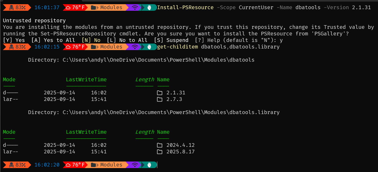 Screenshot of PowerShell installing a specific version of a module with Install-PSResource